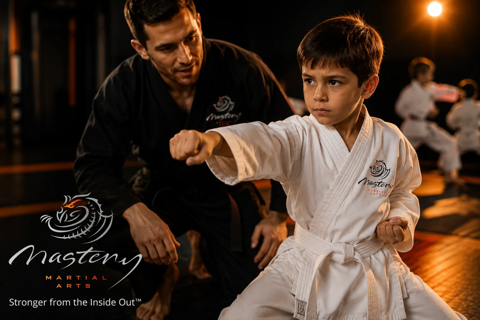 Child practicing martial arts with focused effort while a Mastery Martial Arts instructor coaches nearby.