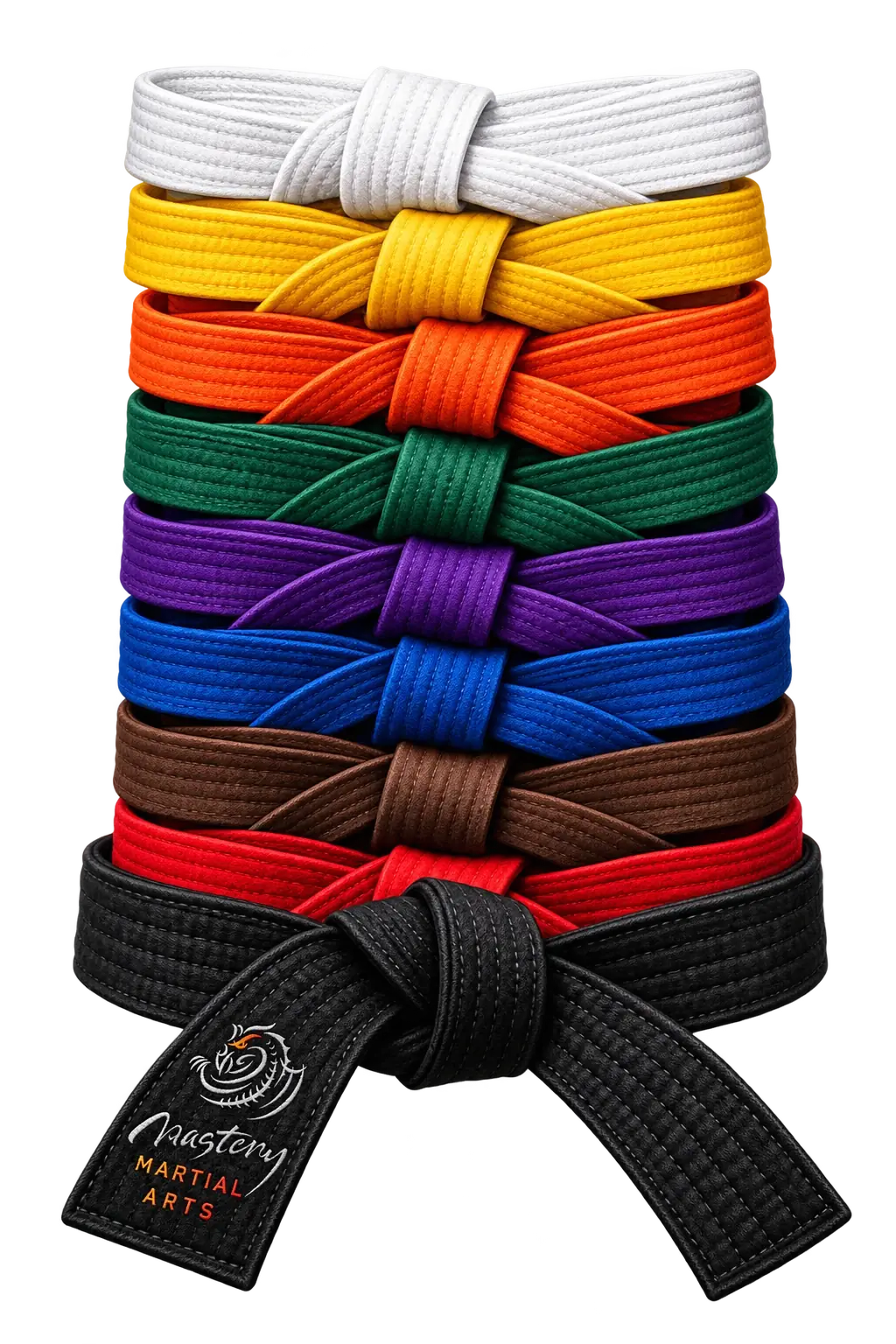 Mastery Martial Arts belt progression stacked from white belt to branded black belt