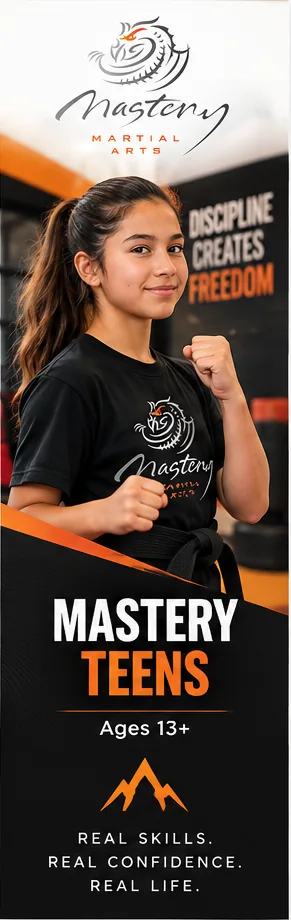 Confident teenage Mastery Martial Arts student representing the Mastery Teens program.