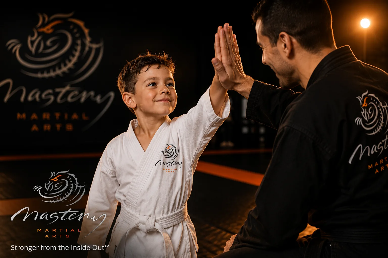 Mastery Martial Arts child smiling during a high-five with an instructor after a confidence-building moment.