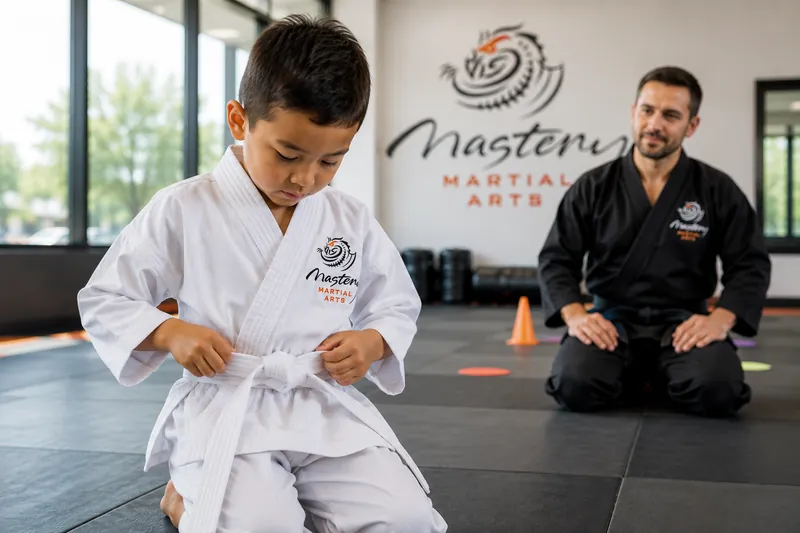 Young boy in a white Mastery Martial Arts uniform practicing independently and building confidence through responsibility. Young boy in a white Mastery Martial Arts uniform practicing independently and building confidence through responsibility.