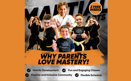 "Children in Mastery Martial Arts uniforms striking confident poses, illustrating their transformation from self-doubt to empowerment."