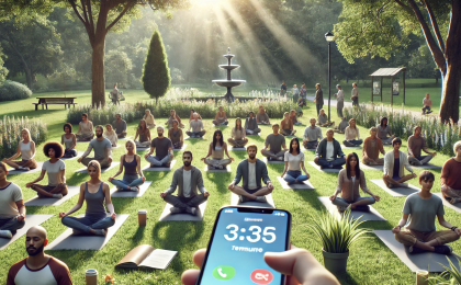 A diverse group of people practicing mindfulness and other mental health rituals in a serene park setting, with individuals meditating, stretching, journaling, and expressing gratitude. Sunlight filters through the trees, and a smartphone timer notification is visible, highlighting a reminder for a mental health activity."