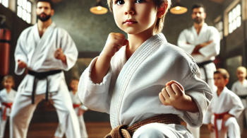 A young child in a martial arts uniform practices a karate move in a dojo, with other children practicing in the background under the guidance of an instructor. The dojo has wooden floors, mirrors on the walls, and martial arts banners hanging.