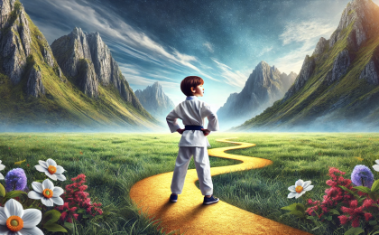 A young child in a white martial arts uniform stands confidently on a winding golden pathway leading towards tall mountains, under a blue sky, with green grass and colorful flowers all around.
