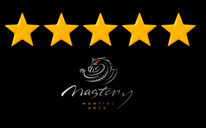 "Mastery Martial Arts logo with the text 'Mastery Google Reviews' and five gold stars, showcasing high ratings and excellence."