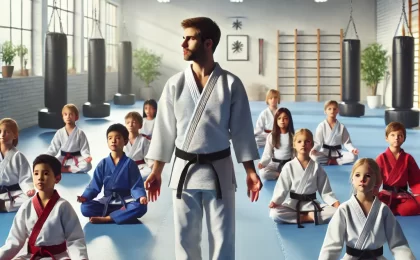 A group of children in martial arts uniforms practicing mindfulness and martial arts in a bright dojo, guided by their instructor.