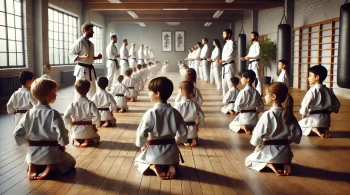 A diverse group of children and adults in a dojo, wearing karate uniforms and practicing martial arts under the guidance of their instructor.