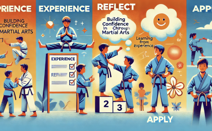 Infographic showing the three-step process of building confidence at Mastery Martial Arts. Includes images of a child breaking a board under 'Experience', a thought bubble with a checklist for 'Reflect', and two children practicing a move for 'Apply'. Colored in vibrant blues and oranges, symbolizing energy and warmth.