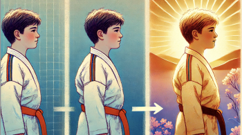 Digital illustration showing the transformation of a child in martial arts, moving from left to right with a change from reserved and uncertain expression to a bright and confident demeanor, set against a backdrop of uplifting landscapes symbolizing hope and positivity."