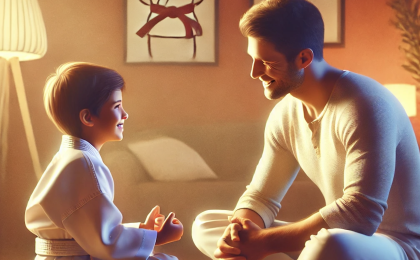 Parent kneeling and listening to a child in a martial arts uniform in a cozy living room, representing positive parenting techniques.