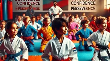 A diverse group of children practicing martial arts in a dojo, displaying focus and confidence in various martial arts stances. A supportive instructor stands in the background with a proud smile. The dojo is decorated with motivational banners and symbols representing values like respect, confidence, and perseverance, creating an energetic and uplifting atmosphere."