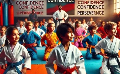 A diverse group of children practicing martial arts in a dojo, displaying focus and confidence in various martial arts stances. A supportive instructor stands in the background with a proud smile. The dojo is decorated with motivational banners and symbols representing values like respect, confidence, and perseverance, creating an energetic and uplifting atmosphere."