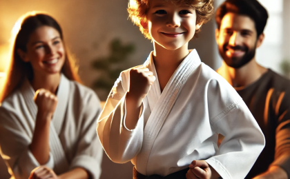 A confident child wearing a martial arts uniform performs a kick, smiling, with proud parents watching in a peaceful home setting, symbolizing family unity and empowerment through Mastery Martial Arts training.