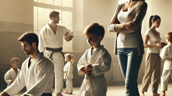 Parent watching their child confidently practicing martial arts in a peaceful and supportive dojo environment.