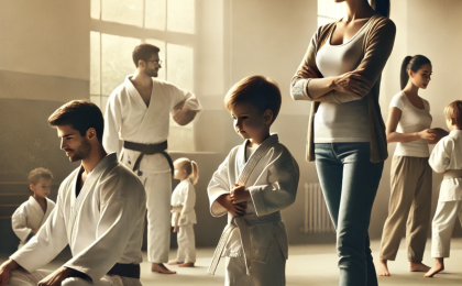 Parent watching their child confidently practicing martial arts in a peaceful and supportive dojo environment.