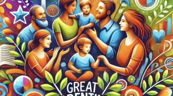 An image showing a diverse group of parents and children in a positive, supportive environment, symbolizing growth and learning. The words "Great Parenting" are displayed in a bold, friendly font.