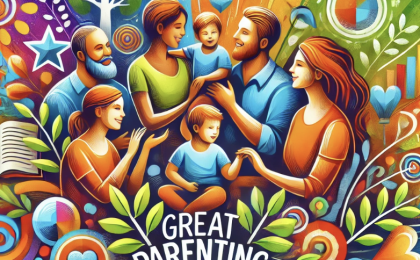 An image showing a diverse group of parents and children in a positive, supportive environment, symbolizing growth and learning. The words "Great Parenting" are displayed in a bold, friendly font.